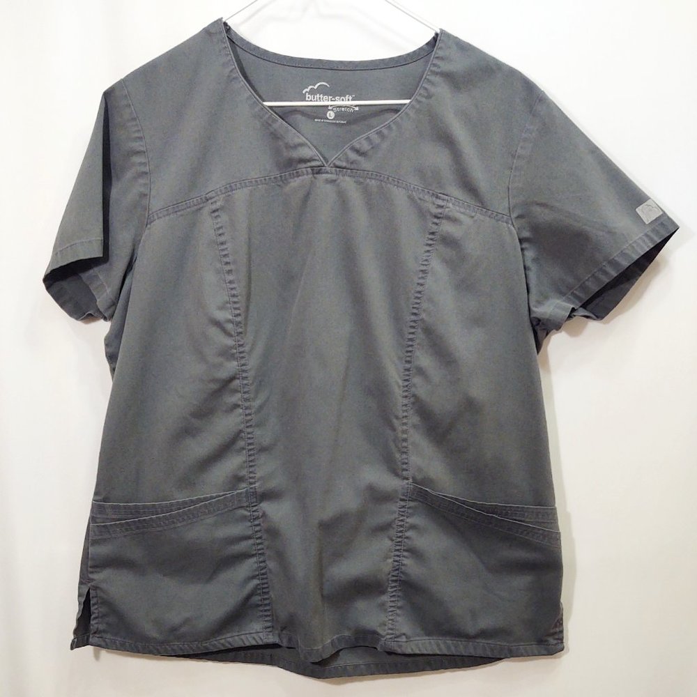 3/$30 Butter-Soft Stretch Grey V-Neck Scrub Top L